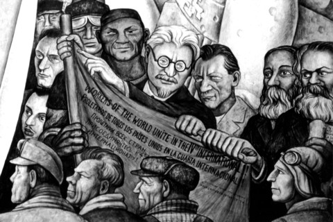 Fresque de Diégo Rivera. Léon Trotski et la IVème Internationale devant tous les peuples du monde. Sur la droite, Karl Marx. Secrétariat de l'éducation nationale. Mexico.