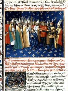 Jean Fouquet. Chronicles of Saint Denis. Coronation of Philippe Auguste in Rheims Cathedral, in the presence of the Duke of Normandy, son of Henry II of England (1179)