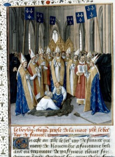 Miniature by Jean Fouquet. Chronicles of Saint-Denis. Burial of Philip the Fair (1285-1314) at Saint-Denis