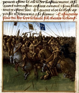 Miniature de Jean Fouquet. Chroniques de Saint-Denis, Louis III et Carloman à Saucourt