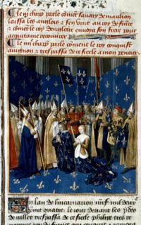 Miniature by Jean Fouquet. Chronicles of Saint-Denis. Coronation of Louis VIII and Blanche of Castille