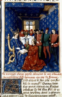 Miniature by Jean Fouquet. Chronicles of Saint-Denis. Edward II, son of Edward I of England, paying tribute to Philip the Fair