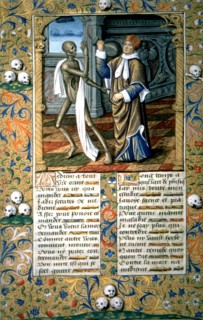 Dance of death. Death dragging a doctor holding a jar