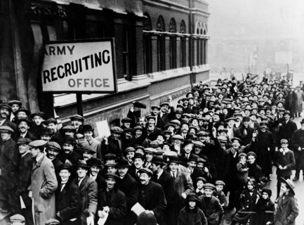 Volunteers queuing in front of a recruitment office in London, 1914