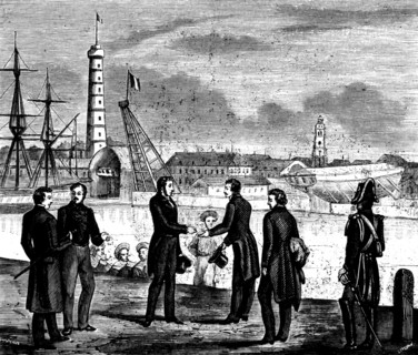 The subprefect of Lorient delivering 16.000 Francs to Louis-Napoleon for his journey to America