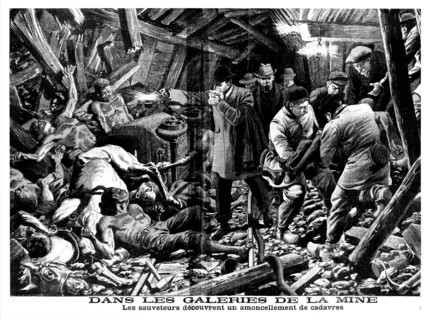 Saving of miners after the accident happened in the mine of Courrieres