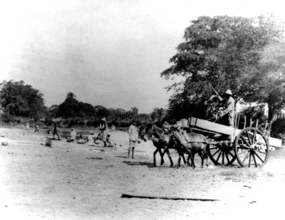 Marines using local inhabitants to build roads and bridges and to help with transportation