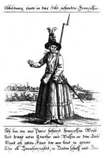 Femme française allant à la guerre. Gravure allemande