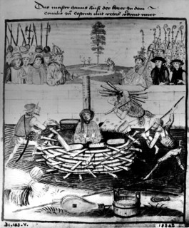 Jan Hus burned as a heretic in Constance by Diebola Schilling. in "Chronique officielle de Berne (1474-1483)"