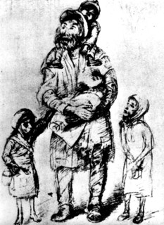 Ghetto de Varsovie. Dessin de Roman Kramsztyk (qui vivait dans le ghetto de Varsovie). Homme et enfants