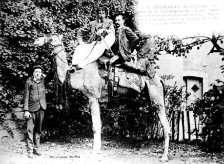 Postcard, J.B. Doussineau riding a camel