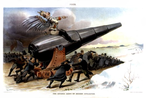 Caricature in 'Puck': 'Guns, agents of modern civilization'