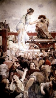 Notre-Dame de Paris. Peinture de L.O. Merson. Esméralda donne à boire à Quasimodo