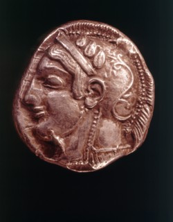 Silver decadrachma representing Athena's face, Athens