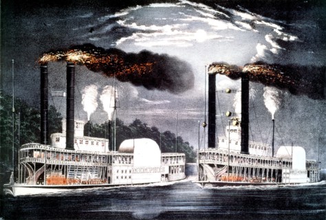 Currier and Ives, Paddle boats night race on the Mississipi