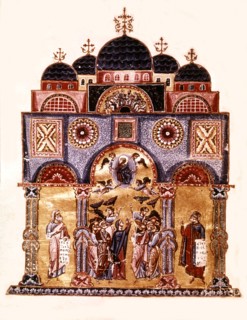 Miniature. Homélie du maître Jacques. L'ascension. L'église et les apôtres