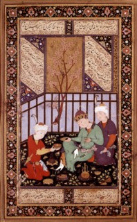 Persian miniature. Boukhara school. Tea ceremony in a garden