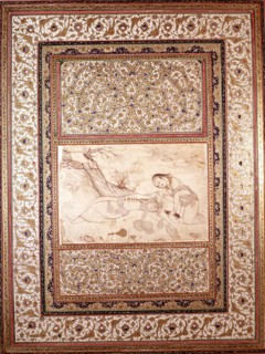 Persian miniature. Rizza Abassi school. Scene of galantry in a pastoral setting