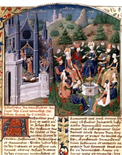 Boccace. "Le Décameron". Réunion de dames et de seigneurs dans un jardin de Florence