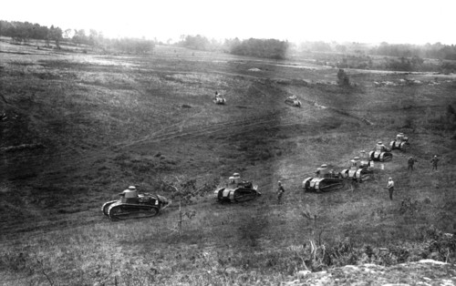 Army manoeuvres. Tanks advancing in the valley (1922)