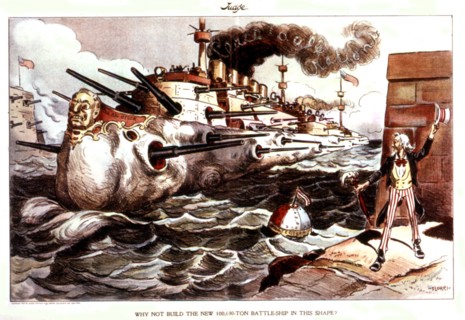 Satirical cartoon in 'Judge' about Theodore Roosevelt's 'Big Stick' policy