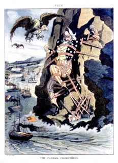 Satirical cartoon in 'Puck': Uncle Sam, put in chains, watching ships passing by in the Panama canal (1912-1913)