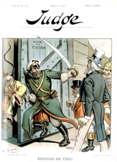 Caricature in "Judge" à propos des Etats-Unis et de la Chine (1904)