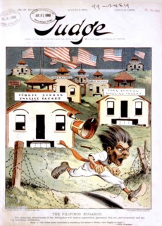 Satirical cartoon in 'Judge': In the Philippines, English is taught in every school (1899)