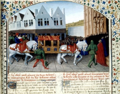 Miniature by Jean Fouquet. Chronicles of Saint-Denis. Charles IV and his son welcomed by the dukes of Berry and Burgundy