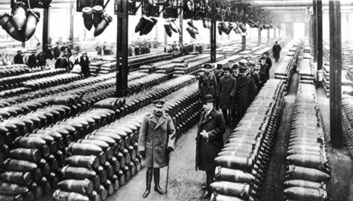 World War I. King George V visiting a shell factory (1917)