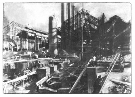 Industrie de guerre. Les aciéries du Brésil. Dessin de L. Jonas