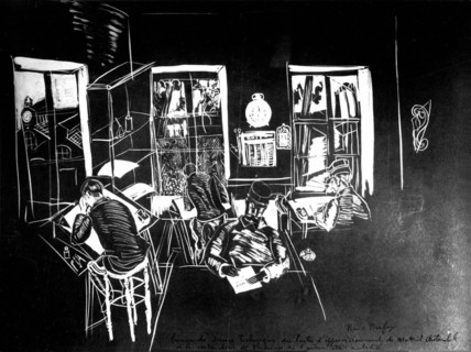 Gravure de Raoul Dufy (1877-1953) : bureau du service technique du centre d'approvisionnement de matériel automobile à la cartoucherie de Vincennes (1914-1918)