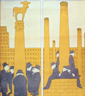 Satirical cartoon by Arnold, from 'Simplicissimus': 'America, you haven't got anything better'. Worship of Mammon and unemployment in the U.S.A.