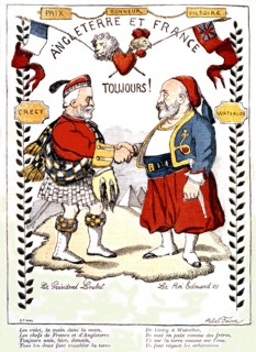 Allégorie à propos de l'entente cordiale entre la France et l'Angleterre. Le président Loubet et Edouard VII
