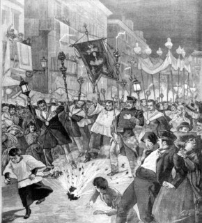 Anarchist attack. Bomb explosion on the route of the Corpus Christi procession - Spain - 1896