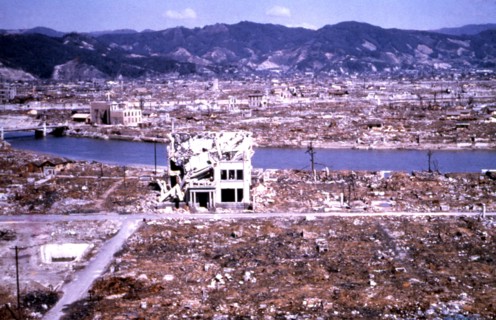 Hiroshima reduced to rubble and ruins by the atomic bomb
