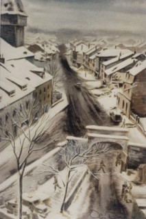 Painting by Olin Dows. "Main street", Bastogne, Belgium