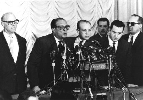 Dr. José Miro Gardona, president of the Cuban revolutionary council, during a press conference at the Plaza Hotel in New York