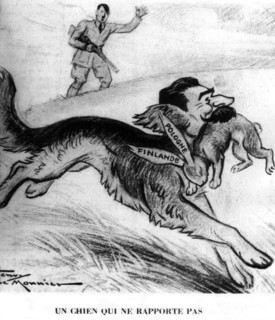 Hitler chasing Stalin, who is running away with Poland and Finland