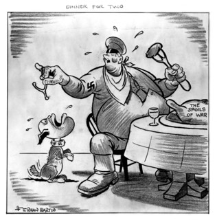 Satirical cartoon by Fernand Martin. Hitler and Mussolini are sharing the spoils of war