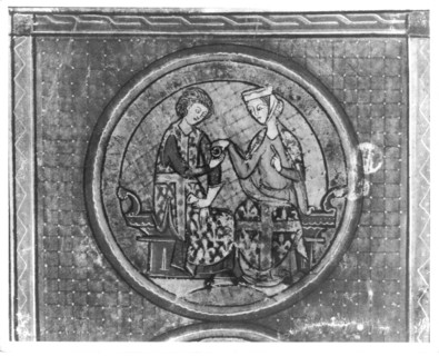 Miniature in "Le Roman de la Poire"Le chevalier et sa dame