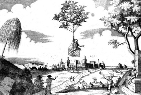 Man carried away in a gondola carried by birds
