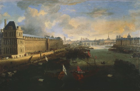 La Grande Galerie du Louvre, la Cité, le Pont Neuf et le Collège des Quatre Nations vers 1670. Sur la Seine, la galère royale.