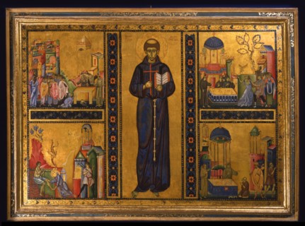 Saint François au centre, et quatre représentations de ses miracles