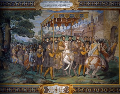 Zuccari, Francois I welcoming Charles Quint and Cardinal Alessandro Farnese to Paris