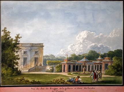 Petit Trianon à Versailles : vue du jeu de bague, de la galerie et d'une des façades du château
