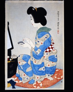 Shinsui, Jeune femme assise devant son miroir pour appliquer du rouge sur ses lèvres
