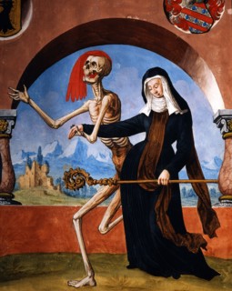 Kauw, The Dance of the Death cycle: Death with different members of the clergy and the Abbess of the monastery  (detail)