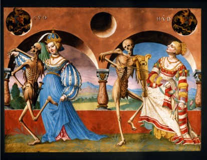 Kauw, The Dance of the Death cycle: Death inviting the Empress to dance and playing a ballad to the Queen