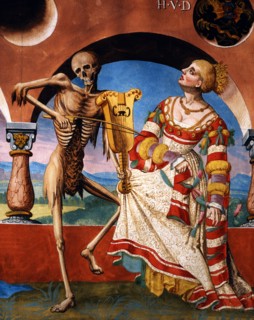 Kauw, The Dance of the Death cycle: Death inviting the Empress to dance and playing a ballad to the Queen (detail)